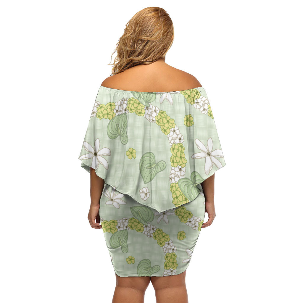 Hawaii Anthurium Tiare Pikake Lei Off Shoulder Short Dress Sage Green Lauhala Art Pattern LT01 - Polynesian Pride