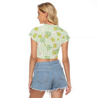 Hawaii Anthurium Tiare Pikake Lei Raglan Cropped T Shirt Sage Green Lauhala Art Pattern LT01 - Polynesian Pride