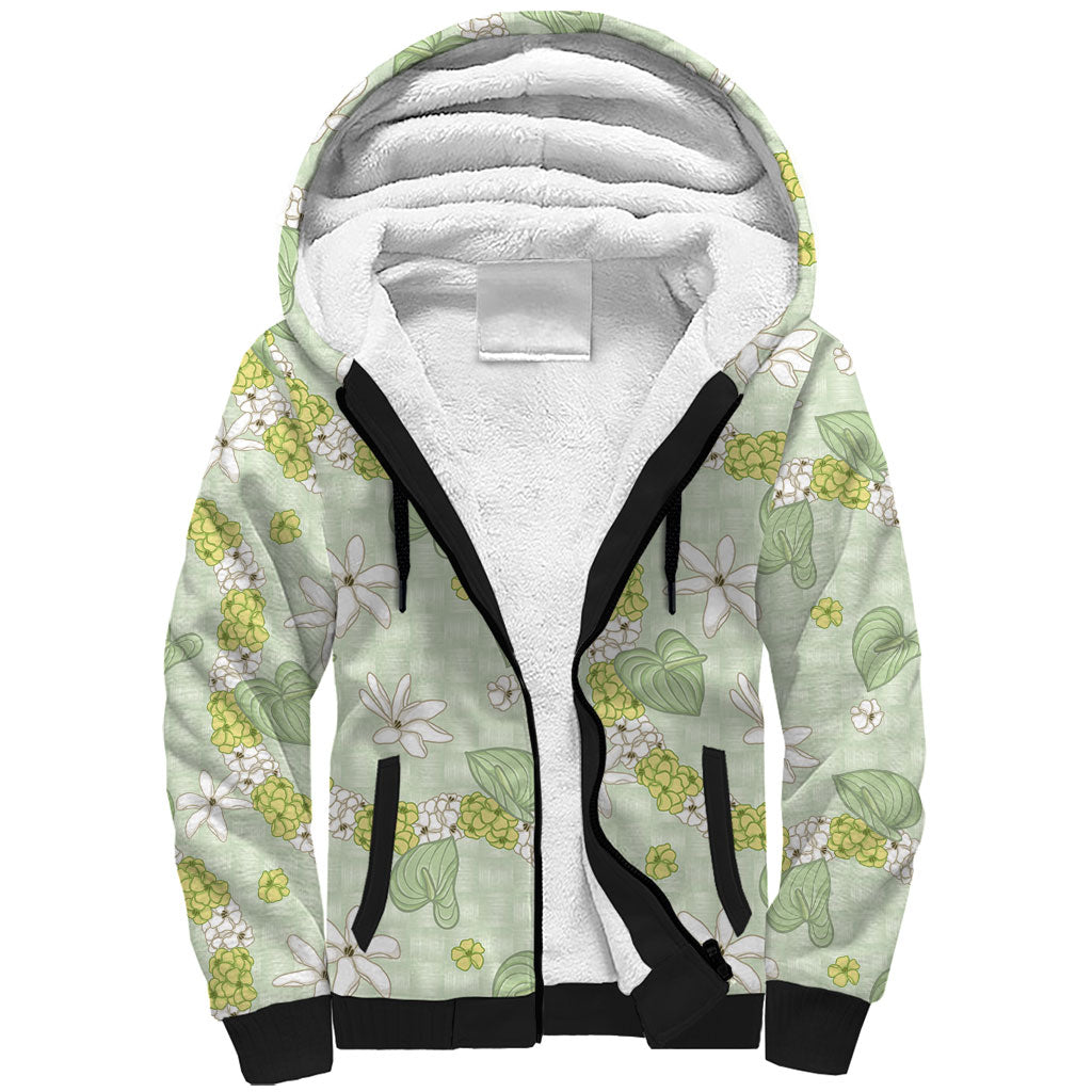 Hawaii Anthurium Tiare Pikake Lei Sherpa Hoodie Sage Green Lauhala Art Pattern