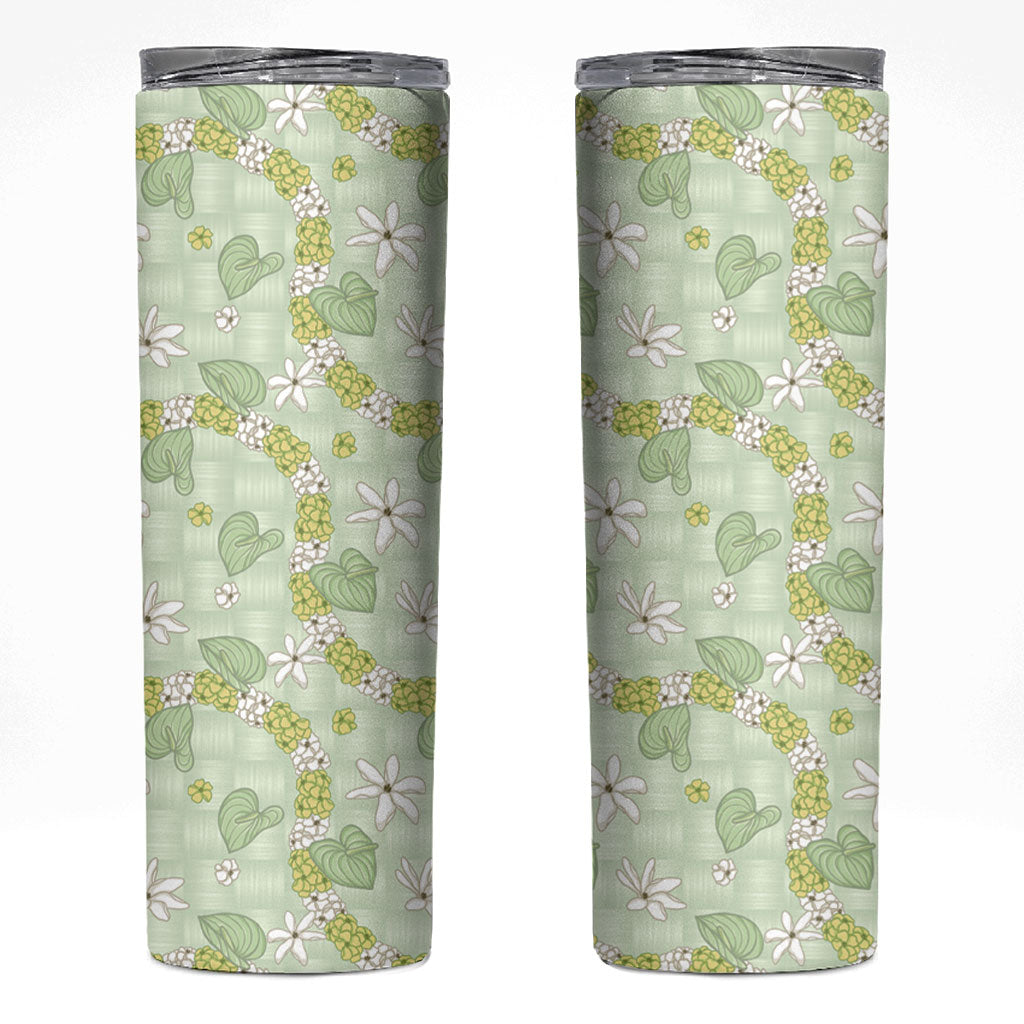 Hawaii Anthurium Tiare Pikake Lei Skinny Tumbler Sage Green Lauhala Art Pattern