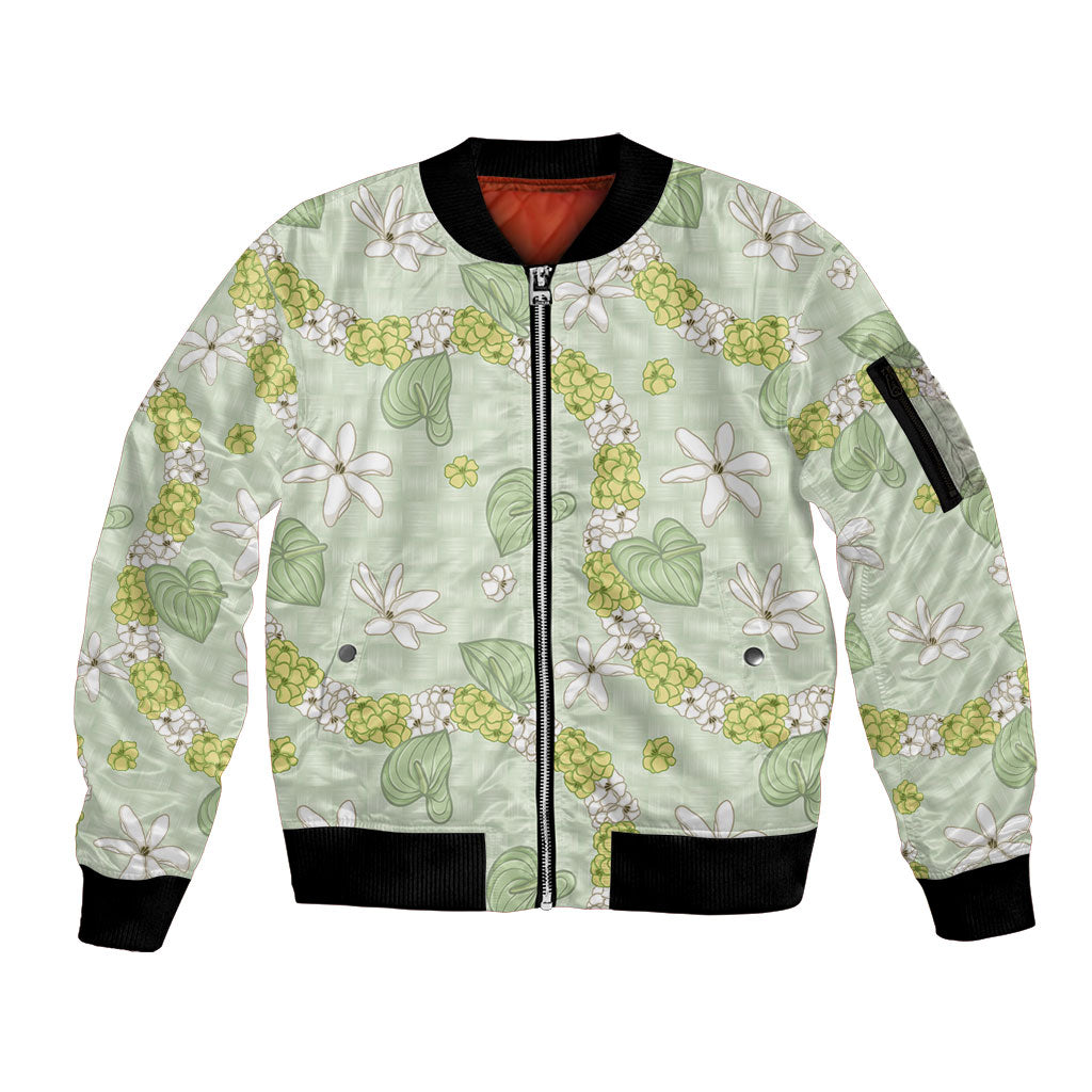 Hawaii Anthurium Tiare Pikake Lei Sleeve Zip Bomber Jacket Sage Green Lauhala Art Pattern LT01 Unisex Green - Polynesian Pride
