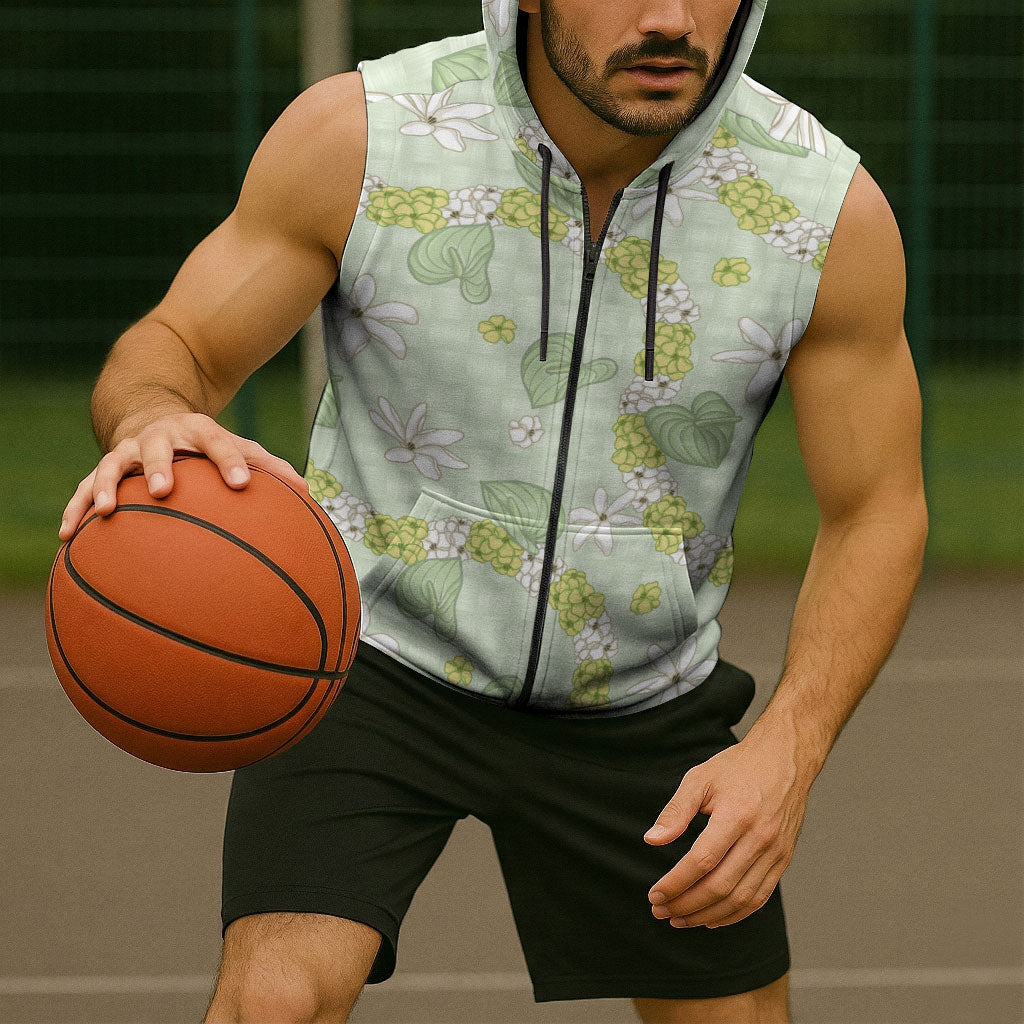 Hawaii Anthurium Tiare Pikake Lei Sleeveless Zip Hoodie Sage Green Lauhala Art Pattern LT01 - Polynesian Pride