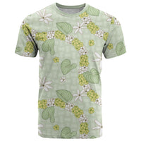 Hawaii Anthurium Tiare Pikake Lei T Shirt Sage Green Lauhala Art Pattern LT01 Green - Polynesian Pride