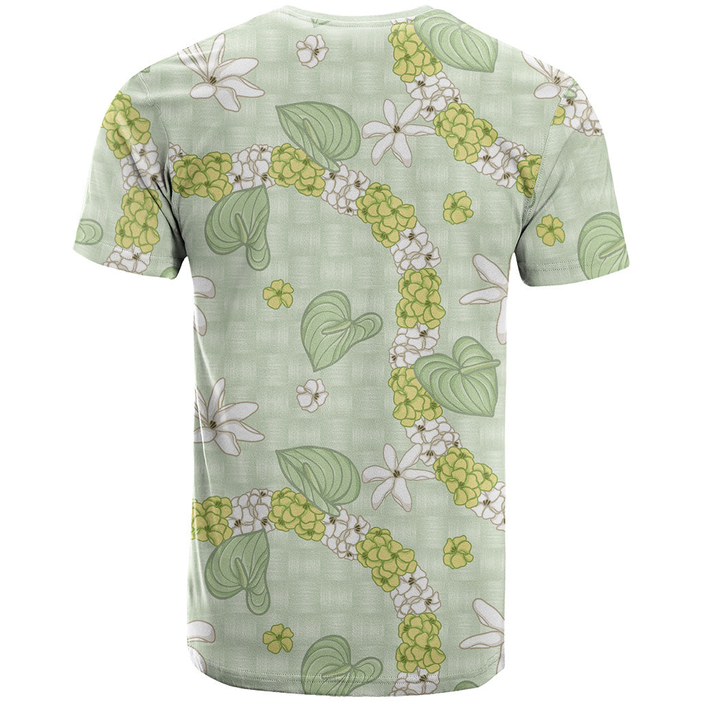 Hawaii Anthurium Tiare Pikake Lei T Shirt Sage Green Lauhala Art Pattern LT01 - Polynesian Pride