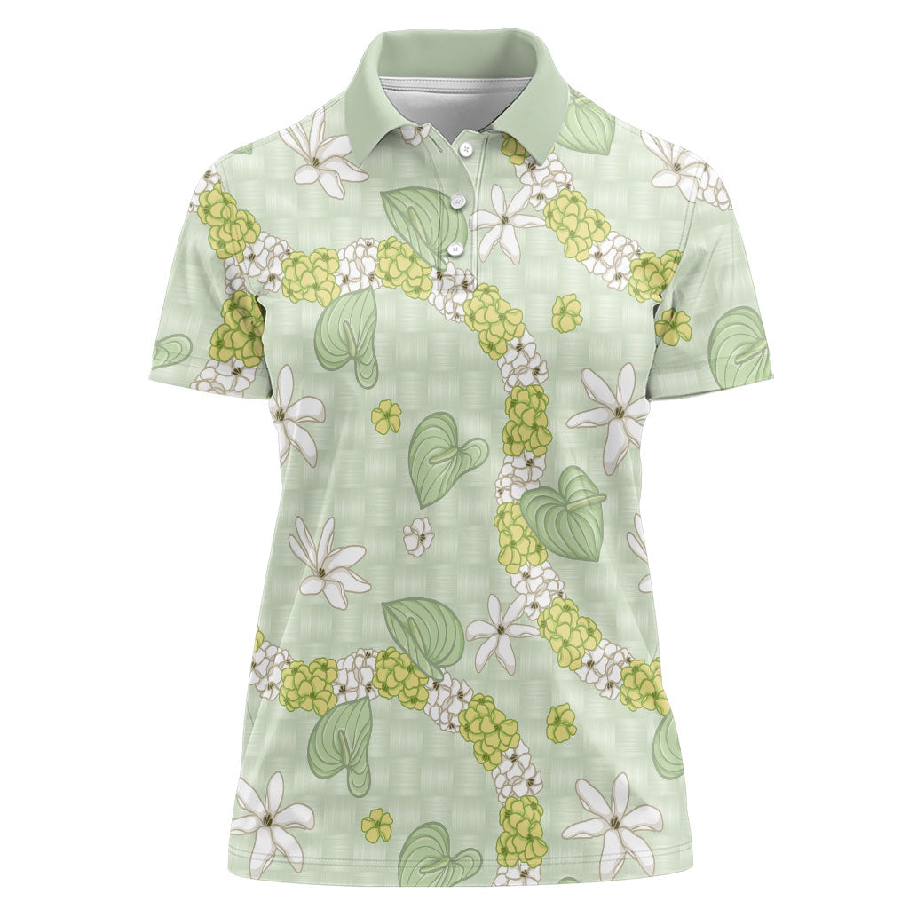 Hawaii Anthurium Tiare Pikake Lei Women Polo Shirt Sage Green Lauhala Art Pattern LT01 Female Green - Polynesian Pride
