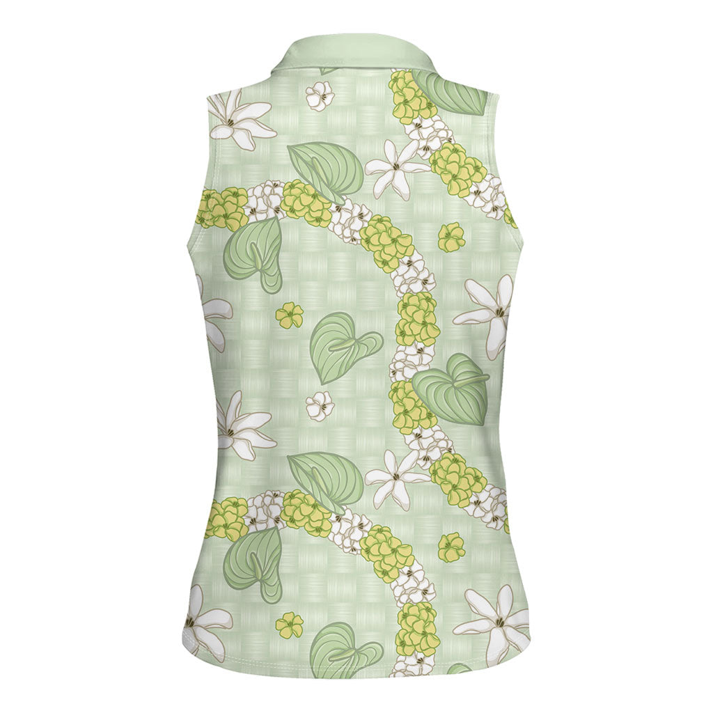 Hawaii Anthurium Tiare Pikake Lei Women Sleeveless Polo Shirt Sage Green Lauhala Art Pattern