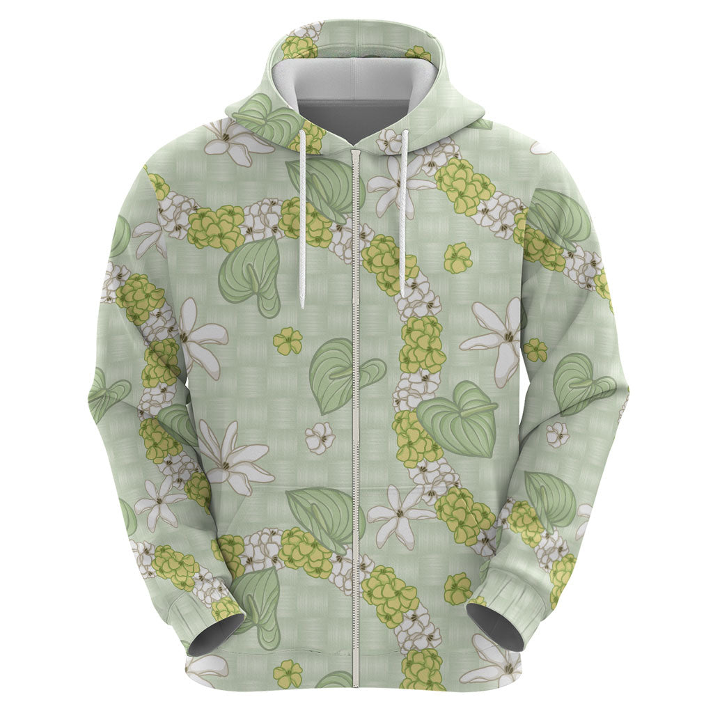 Hawaii Anthurium Tiare Pikake Lei Zip Hoodie Sage Green Lauhala Art Pattern LT01 - Polynesian Pride