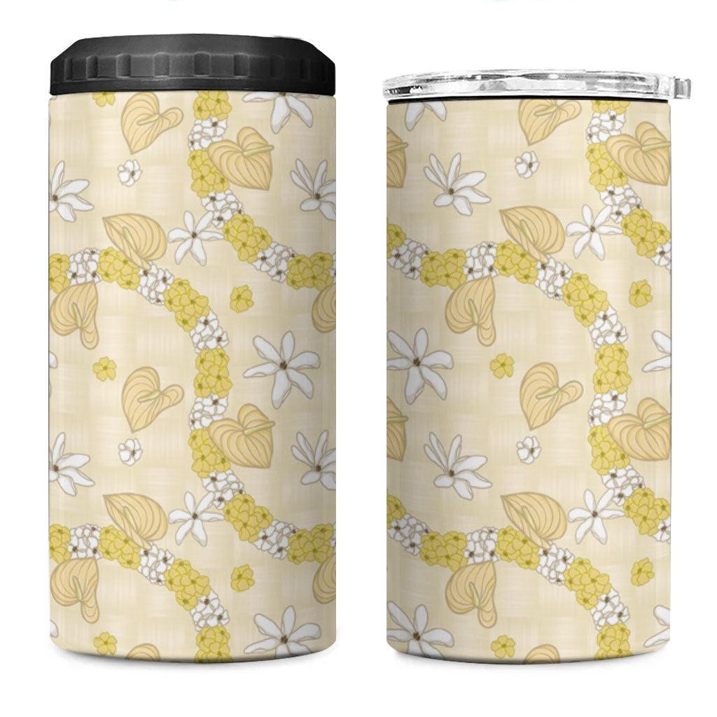 Hawaii Anthurium Tiare Pikake Lei 4 in 1 Can Cooler Tumbler Melemele Lauhala Art Pattern LT01 One Size: 16 oz Yellow - Polynesian Pride