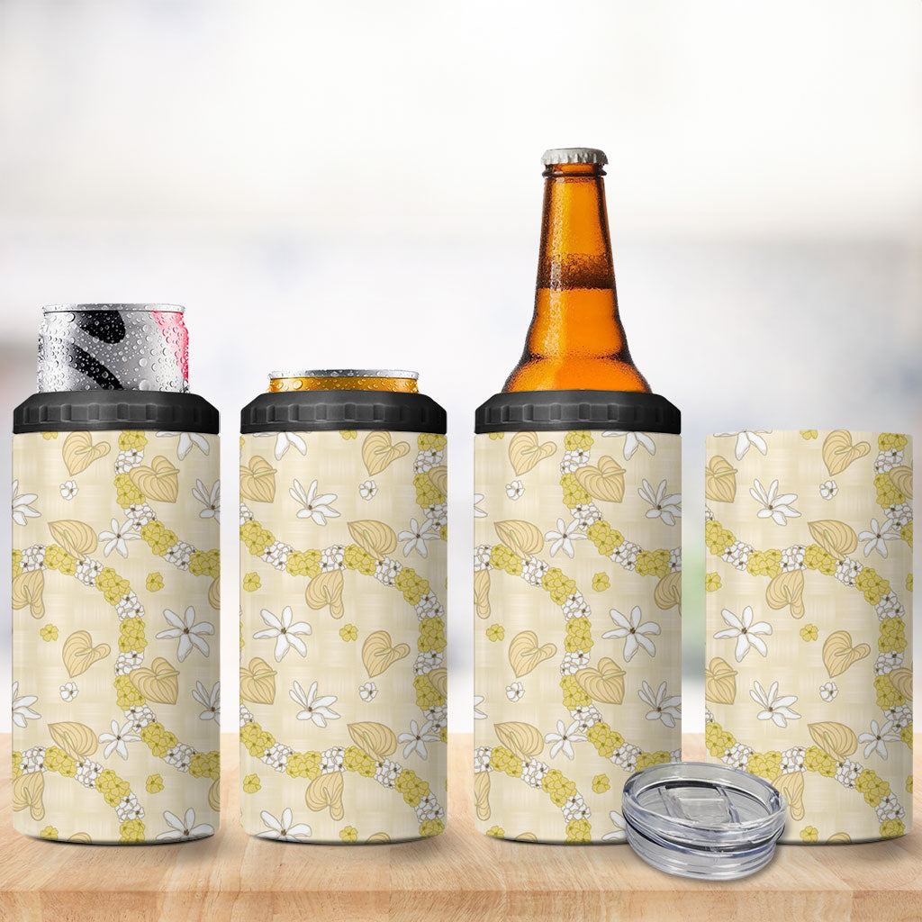 Hawaii Anthurium Tiare Pikake Lei 4 in 1 Can Cooler Tumbler Melemele Lauhala Art Pattern LT01 - Polynesian Pride