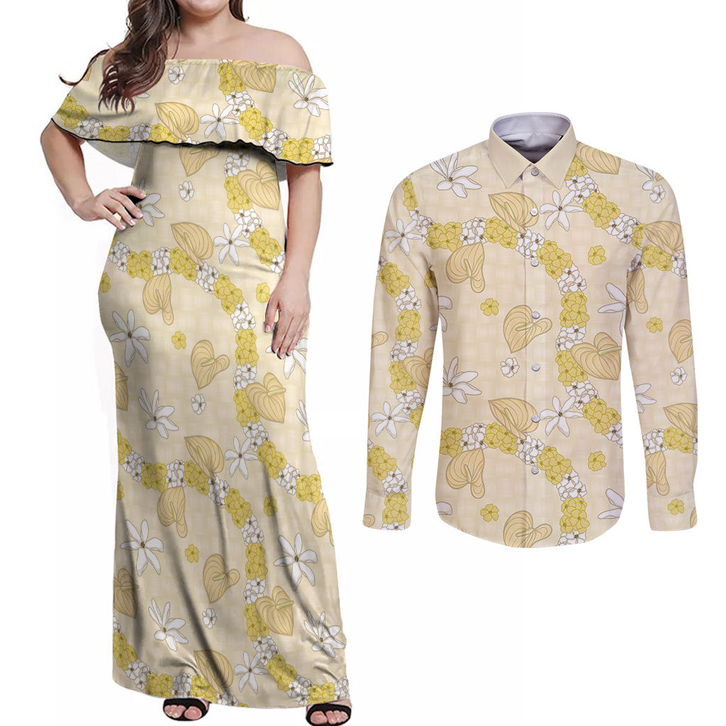 Hawaii Anthurium Tiare Pikake Lei Couples Matching Off Shoulder Maxi Dress and Long Sleeve Button Shirt Melemele Lauhala Art Pattern LT01 Yellow - Polynesian Pride