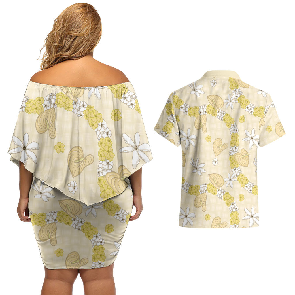 Hawaii Anthurium Tiare Pikake Lei Couples Matching Off Shoulder Short Dress and Hawaiian Shirt Melemele Lauhala Art Pattern LT01 - Polynesian Pride