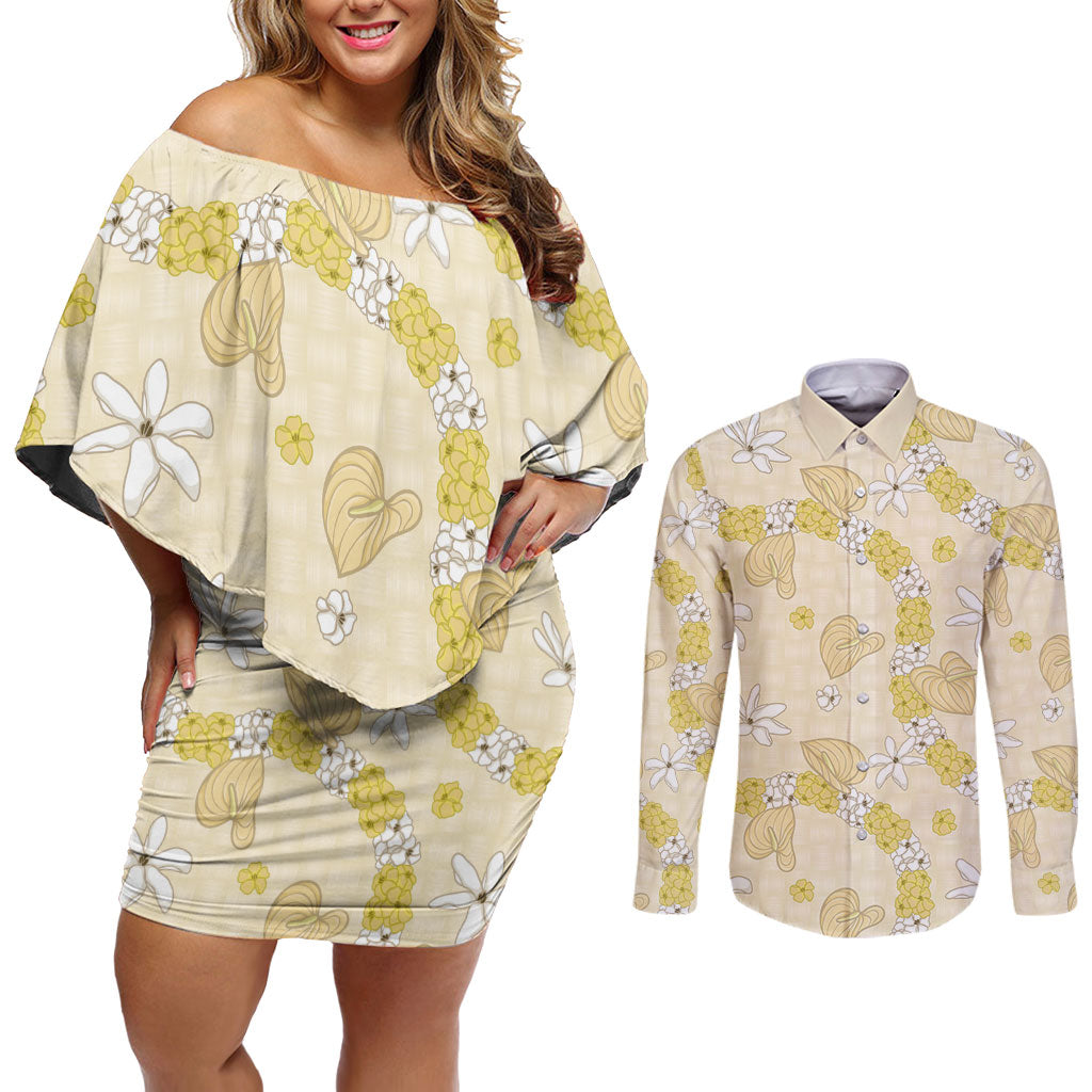 Hawaii Anthurium Tiare Pikake Lei Couples Matching Off Shoulder Short Dress and Long Sleeve Button Shirt Melemele Lauhala Art Pattern LT01 Yellow - Polynesian Pride