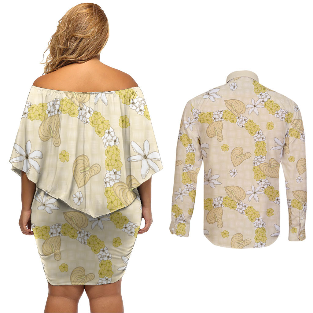 Hawaii Anthurium Tiare Pikake Lei Couples Matching Off Shoulder Short Dress and Long Sleeve Button Shirt Melemele Lauhala Art Pattern LT01 - Polynesian Pride