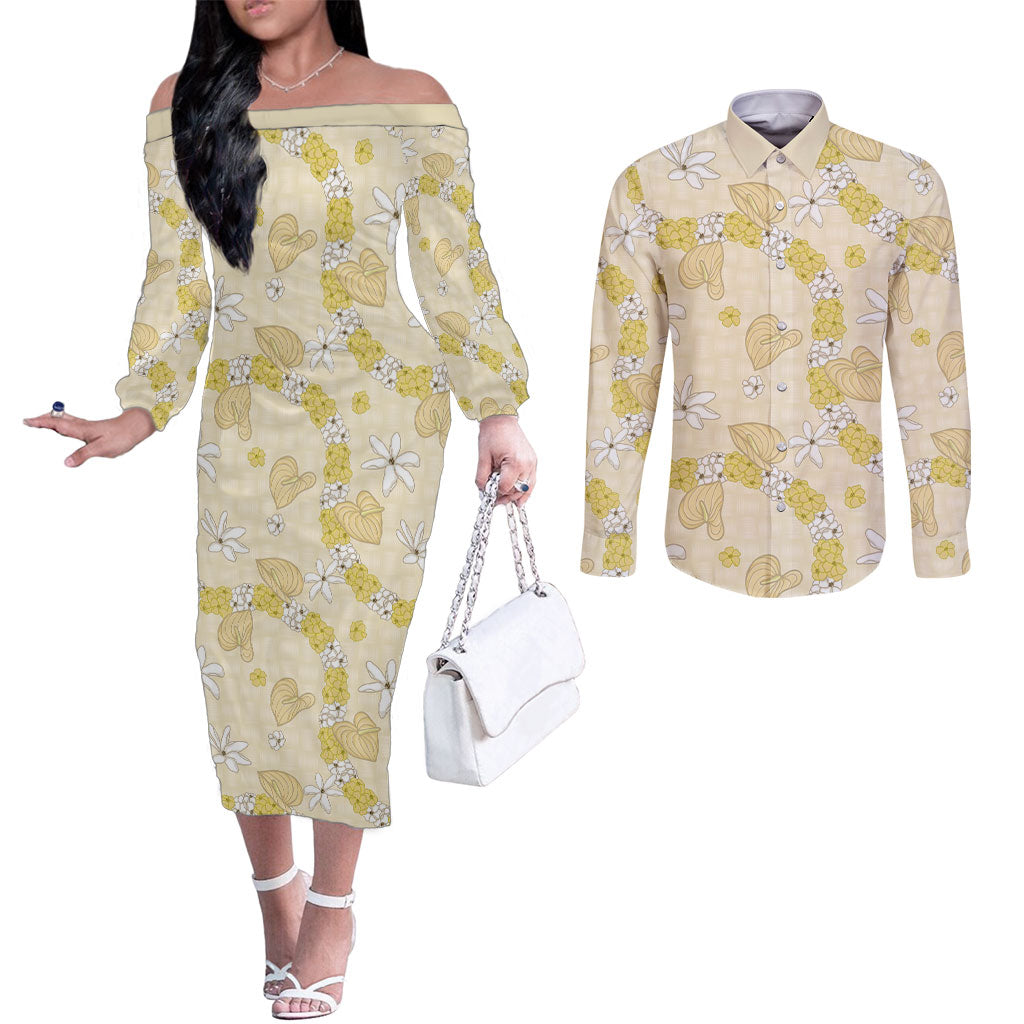Hawaii Anthurium Tiare Pikake Lei Couples Matching Off The Shoulder Long Sleeve Dress and Long Sleeve Button Shirt Melemele Lauhala Art Pattern LT01 Yellow - Polynesian Pride