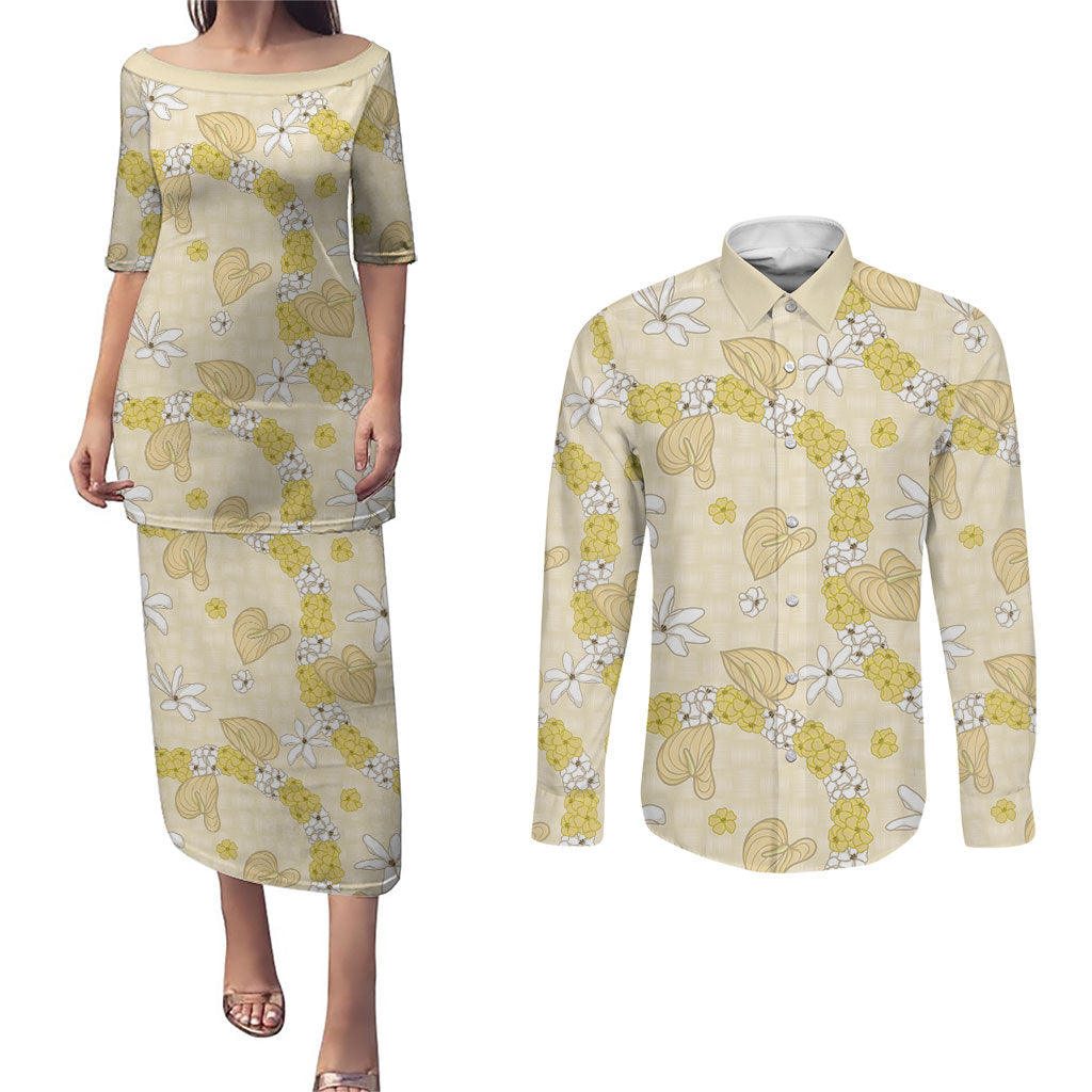 Hawaii Anthurium Tiare Pikake Lei Couples Matching Puletasi and Long Sleeve Button Shirt Melemele Lauhala Art Pattern LT01 Yellow - Polynesian Pride