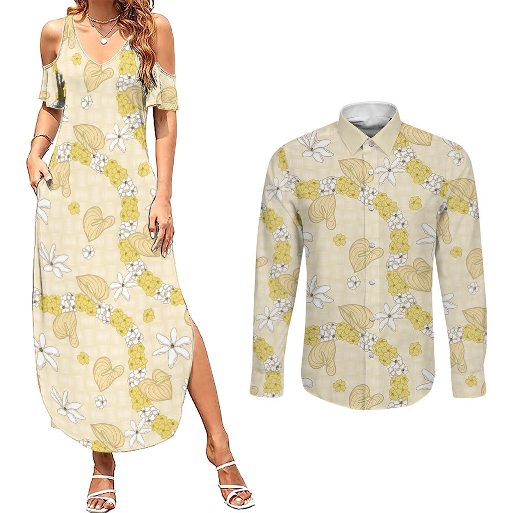 Hawaii Anthurium Tiare Pikake Lei Couples Matching Summer Maxi Dress and Long Sleeve Button Shirt Melemele Lauhala Art Pattern LT01 Yellow - Polynesian Pride
