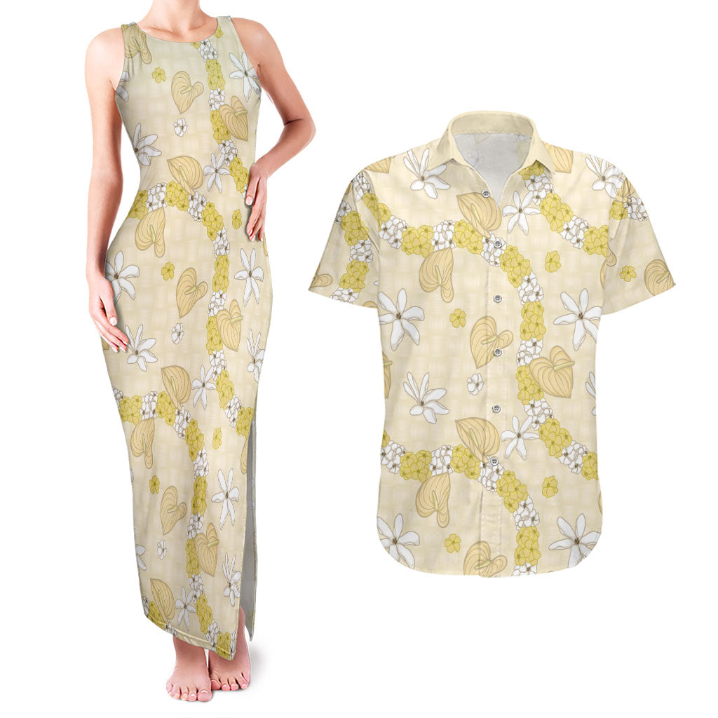 Hawaii Anthurium Tiare Pikake Lei Couples Matching Tank Maxi Dress and Hawaiian Shirt Melemele Lauhala Art Pattern LT01 Yellow - Polynesian Pride