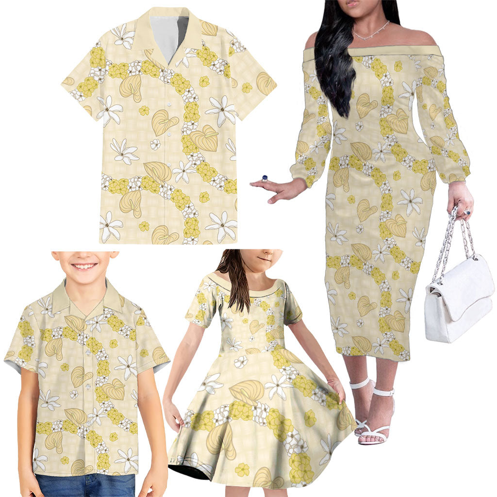 Hawaii Anthurium Tiare Pikake Lei Family Matching Off The Shoulder Long Sleeve Dress and Hawaiian Shirt Melemele Lauhala Art Pattern