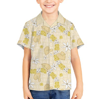 Hawaii Anthurium Tiare Pikake Lei Family Matching Off The Shoulder Long Sleeve Dress and Hawaiian Shirt Melemele Lauhala Art Pattern LT01 Son's Shirt Yellow - Polynesian Pride