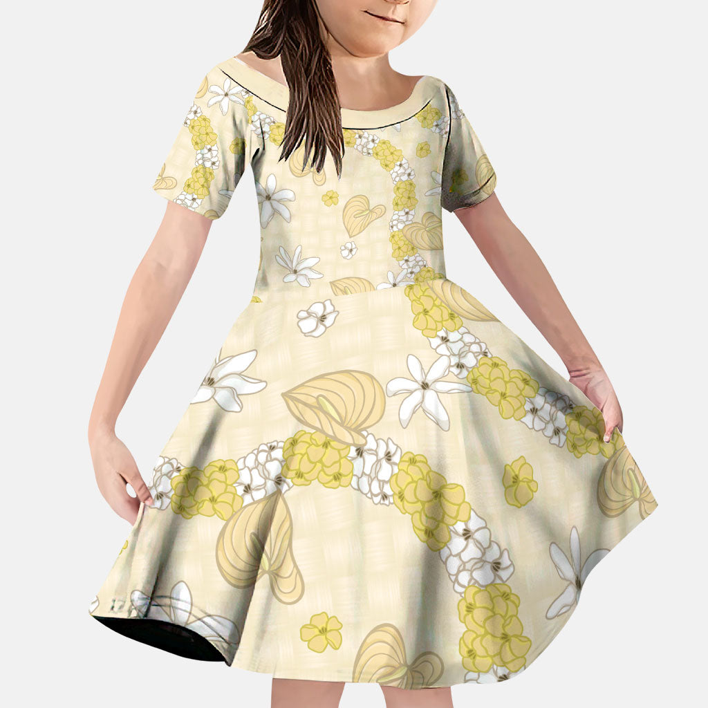 Hawaii Anthurium Tiare Pikake Lei Family Matching Off Shoulder Maxi Dress and Hawaiian Shirt Melemele Lauhala Art Pattern LT01 Daughter's Dress Yellow - Polynesian Pride