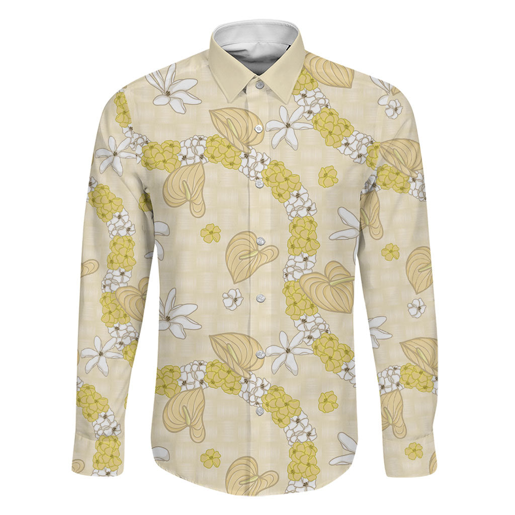 Hawaii Anthurium Tiare Pikake Lei Family Matching Puletasi and Hawaiian Shirt Melemele Lauhala Art Pattern LT01 Dad's Shirt - Long Sleeve Yellow - Polynesian Pride