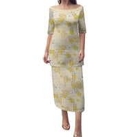 Hawaii Anthurium Tiare Pikake Lei Family Matching Puletasi and Hawaiian Shirt Melemele Lauhala Art Pattern LT01 Mom's Dress Yellow - Polynesian Pride