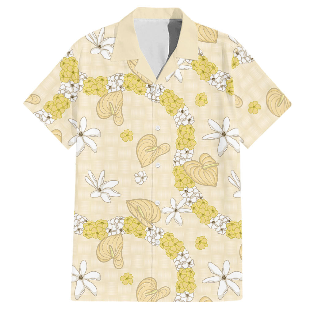 Hawaii Anthurium Tiare Pikake Lei Family Matching Short Sleeve Bodycon Dress and Hawaiian Shirt Melemele Lauhala Art Pattern LT01 Dad's Shirt - Short Sleeve Yellow - Polynesian Pride