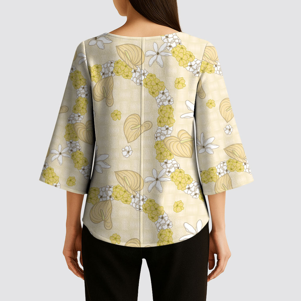 Hawaii Anthurium Tiare Pikake Lei Kimono Sleeve Blouse Melemele Lauhala Art Pattern LT01 - Polynesian Pride