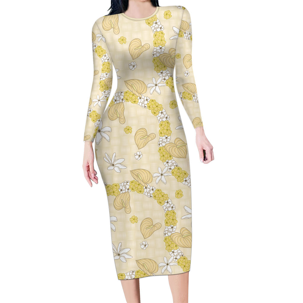 Hawaii Anthurium Tiare Pikake Lei Long Sleeve Bodycon Dress Melemele Lauhala Art Pattern LT01 Long Dress Yellow - Polynesian Pride
