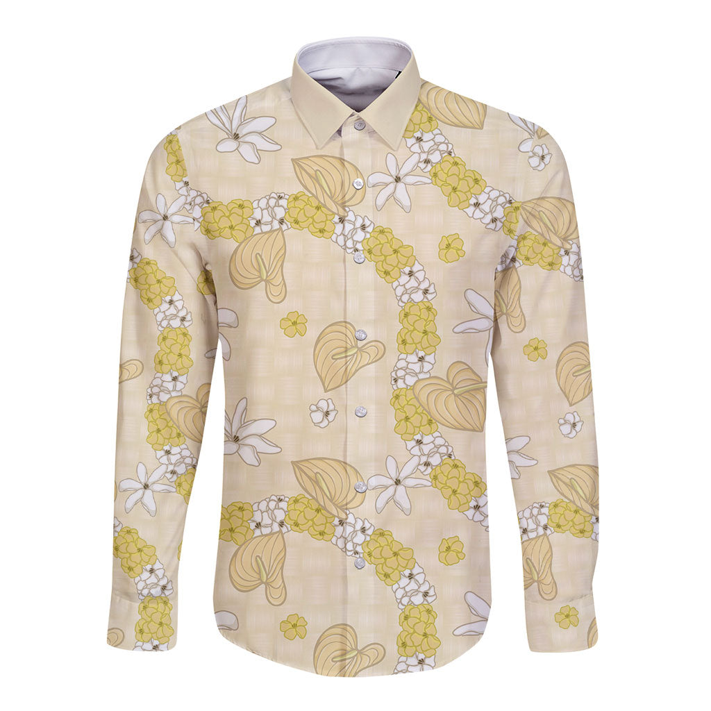 Hawaii Anthurium Tiare Pikake Lei Long Sleeve Button Shirt Melemele Lauhala Art Pattern LT01 Unisex Yellow - Polynesian Pride