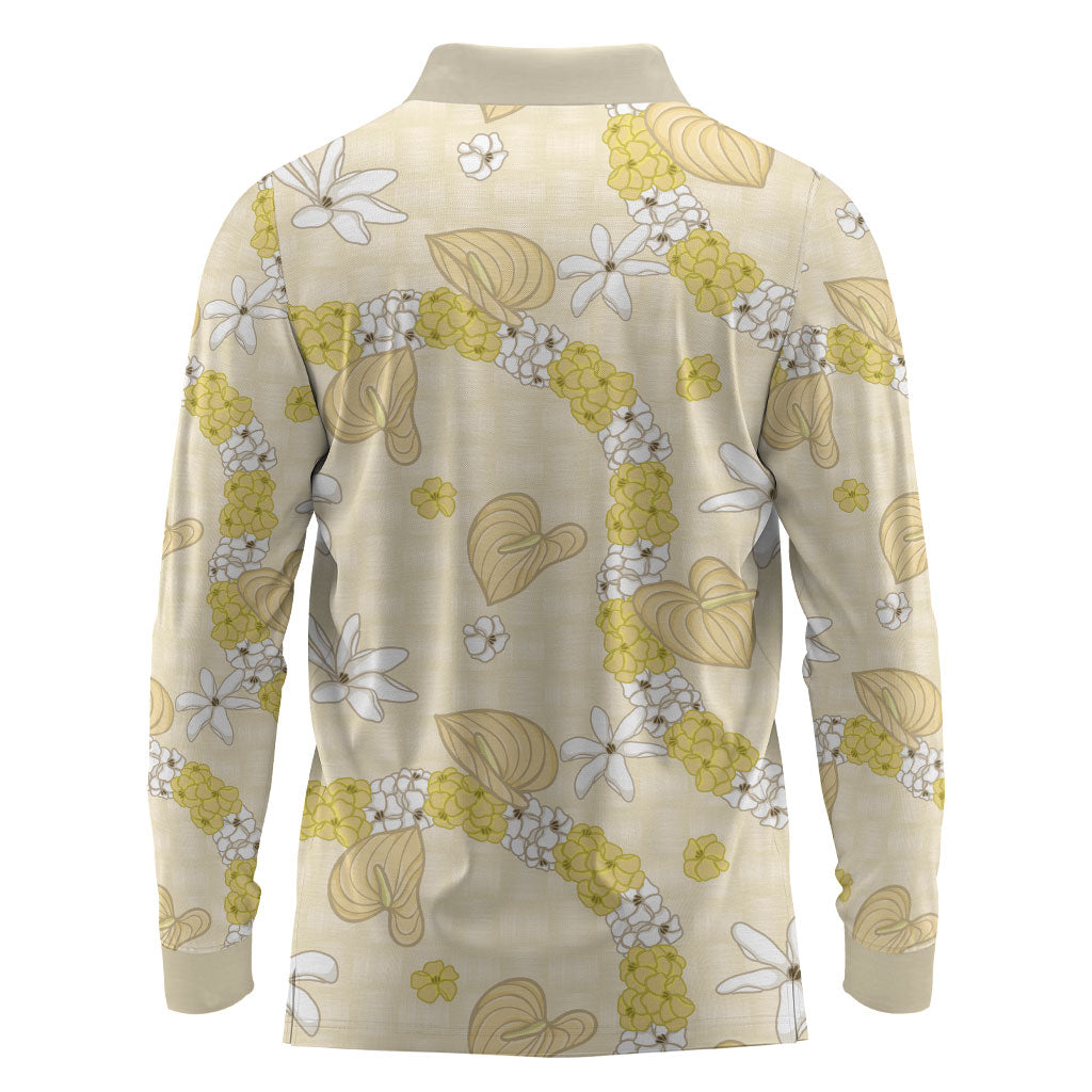 Hawaii Anthurium Tiare Pikake Lei Long Sleeve Polo Shirt Melemele Lauhala Art Pattern LT01 - Polynesian Pride
