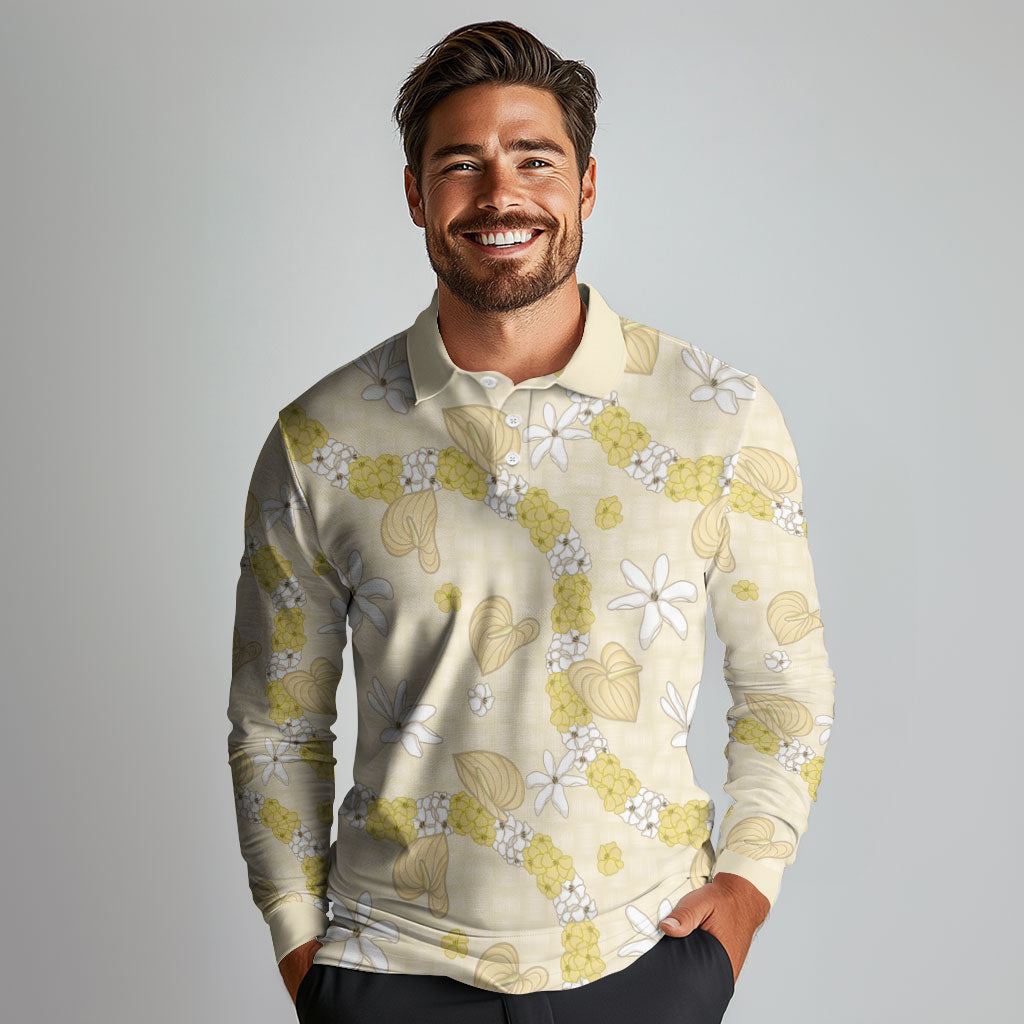 Hawaii Anthurium Tiare Pikake Lei Long Sleeve Polo Shirt Melemele Lauhala Art Pattern LT01 - Polynesian Pride