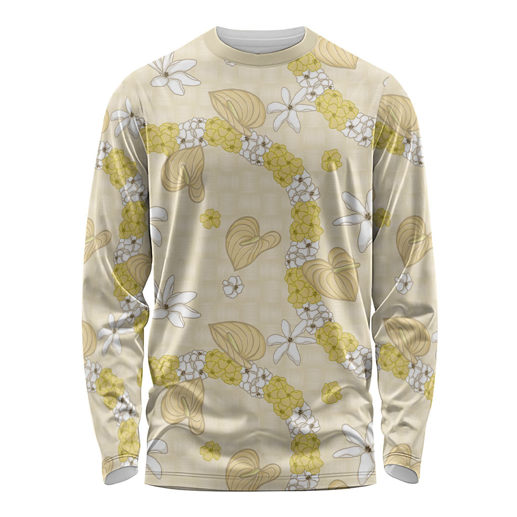 Hawaii Anthurium Tiare Pikake Lei Long Sleeve Shirt Melemele Lauhala Art Pattern LT01 Unisex Yellow - Polynesian Pride