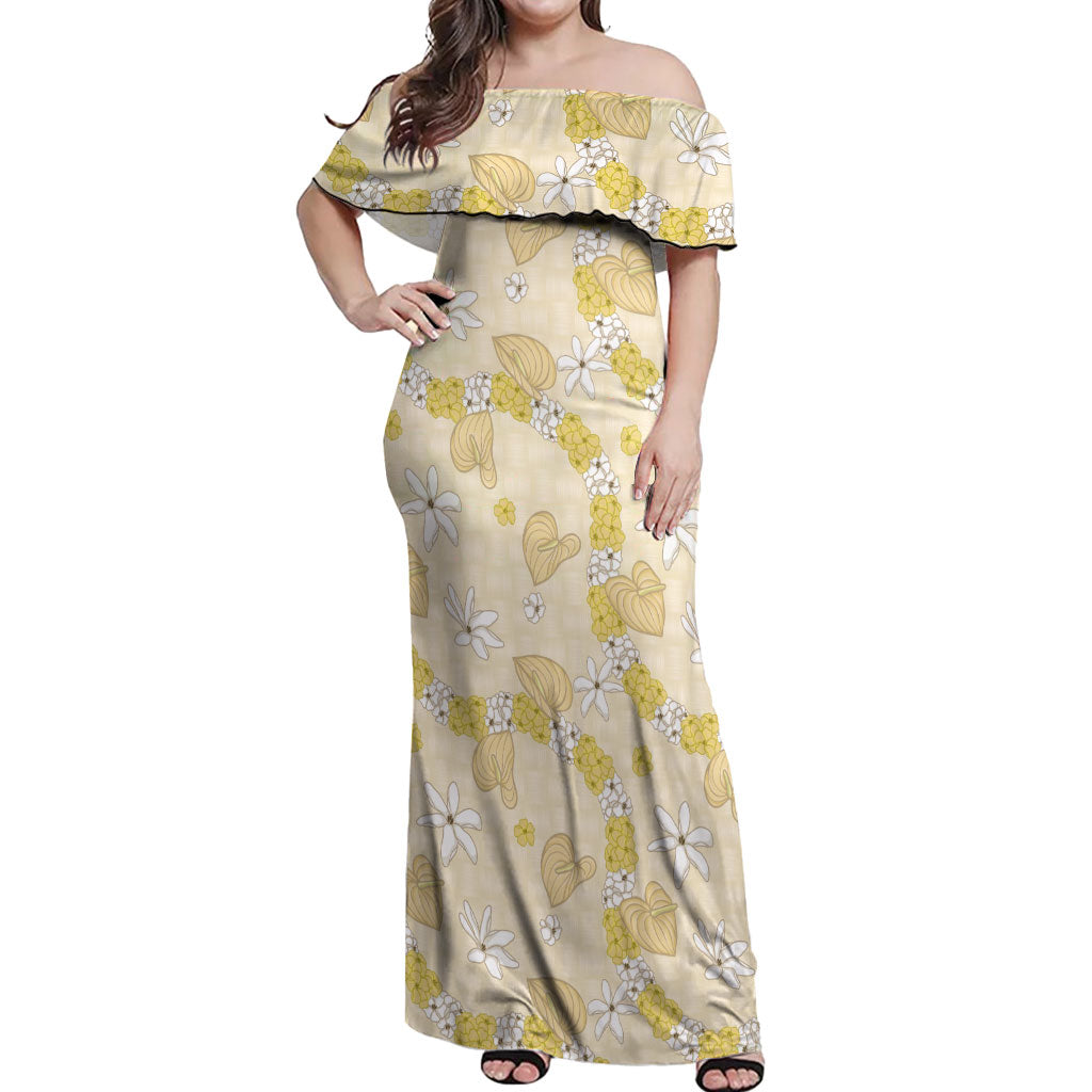 Hawaii Anthurium Tiare Pikake Lei Off Shoulder Maxi Dress Melemele Lauhala Art Pattern LT01 Women Yellow - Polynesian Pride