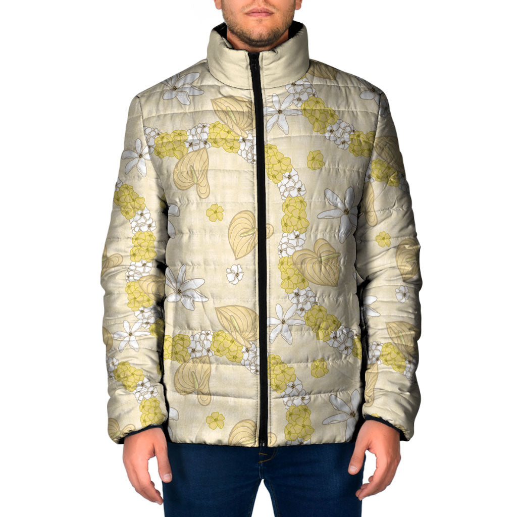 Hawaii Anthurium Tiare Pikake Lei Padded Jacket Melemele Lauhala Art Pattern LT01 Men Yellow - Polynesian Pride