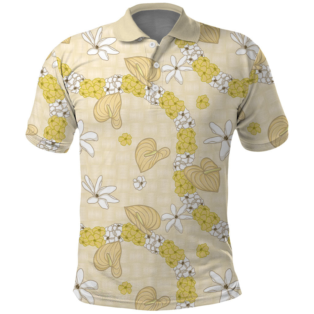 Hawaii Anthurium Tiare Pikake Lei Polo Shirt Melemele Lauhala Art Pattern LT01 Yellow - Polynesian Pride