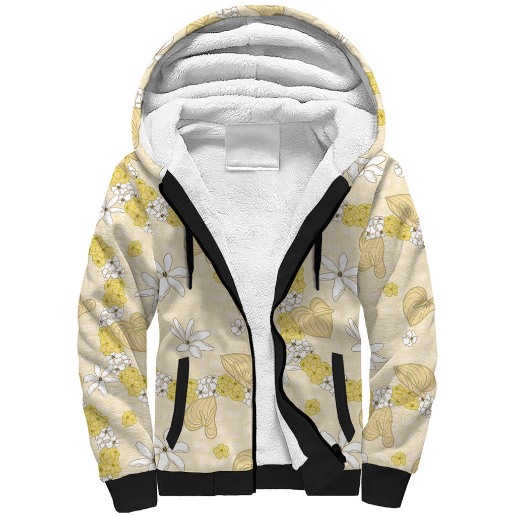 Hawaii Anthurium Tiare Pikake Lei Sherpa Hoodie Melemele Lauhala Art Pattern