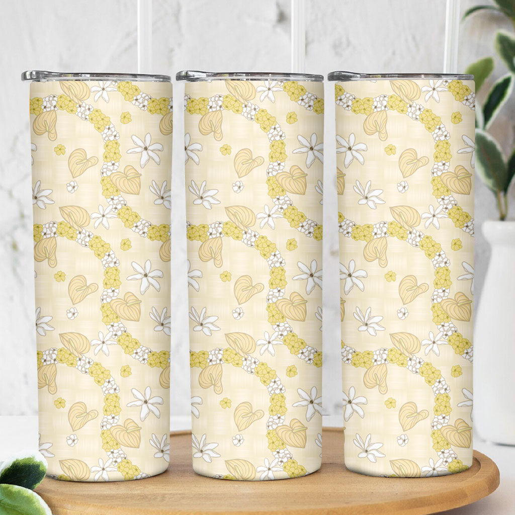 Hawaii Anthurium Tiare Pikake Lei Skinny Tumbler Melemele Lauhala Art Pattern LT01 - Polynesian Pride