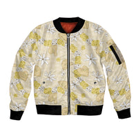 Hawaii Anthurium Tiare Pikake Lei Sleeve Zip Bomber Jacket Melemele Lauhala Art Pattern LT01 Unisex Yellow - Polynesian Pride
