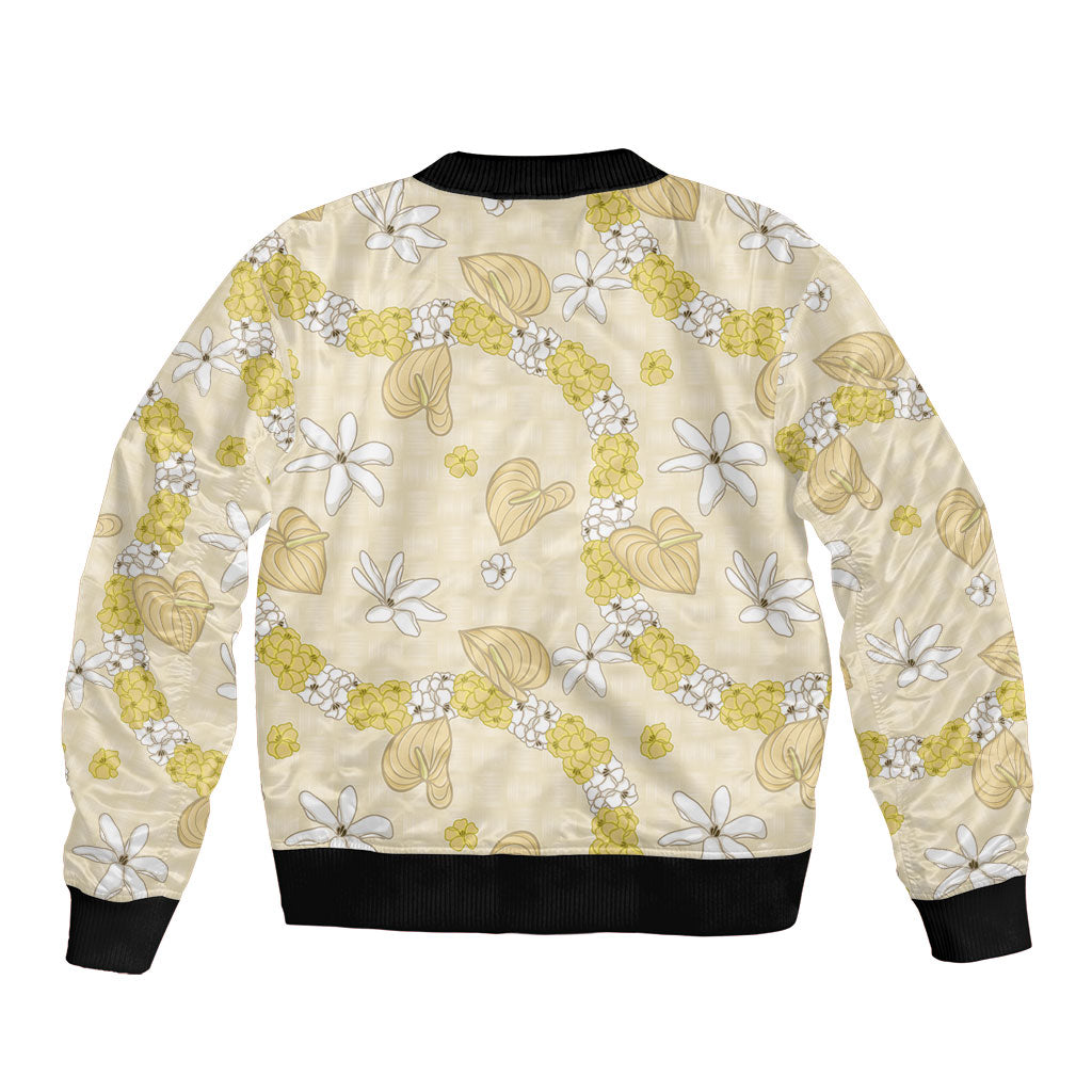 Hawaii Anthurium Tiare Pikake Lei Sleeve Zip Bomber Jacket Melemele Lauhala Art Pattern LT01 - Polynesian Pride