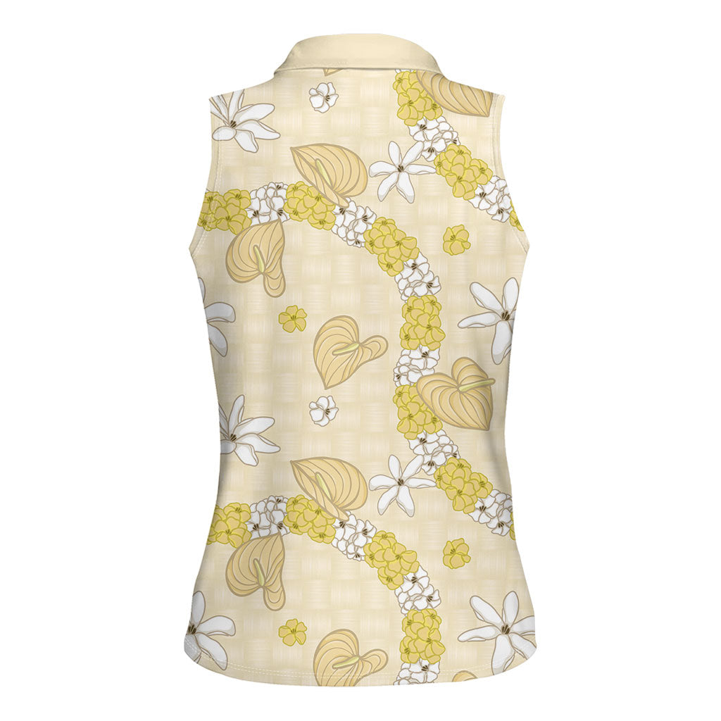 Hawaii Anthurium Tiare Pikake Lei Women Sleeveless Polo Shirt Melemele Lauhala Art Pattern LT01 - Polynesian Pride