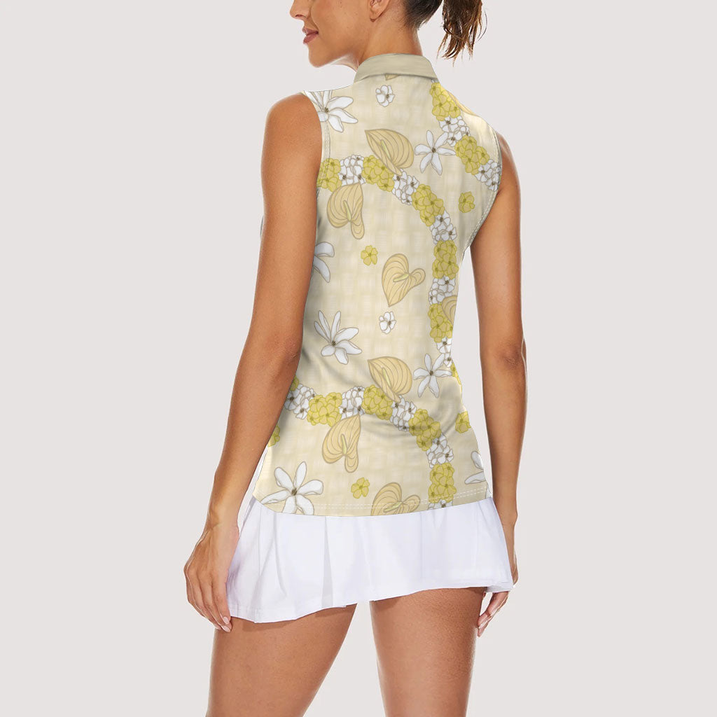 Hawaii Anthurium Tiare Pikake Lei Women Sleeveless Polo Shirt Melemele Lauhala Art Pattern LT01 - Polynesian Pride