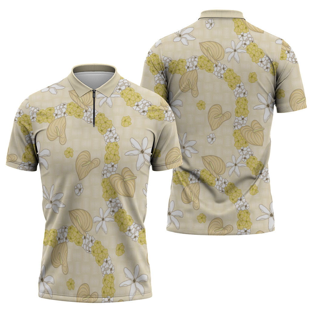Hawaii Anthurium Tiare Pikake Lei Zipper Polo Shirt Melemele Lauhala Art Pattern LT01 - Polynesian Pride