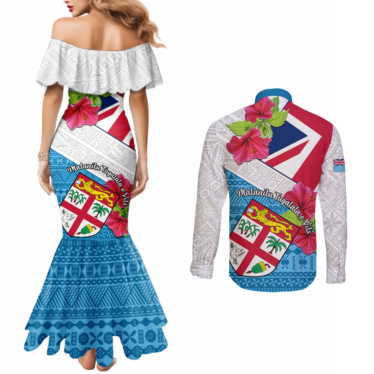 Fiji Day Couples Matching Mermaid Dress and Long Sleeve Button Shirts Fijian Hibiscus Special Version LT01 - Polynesian Pride