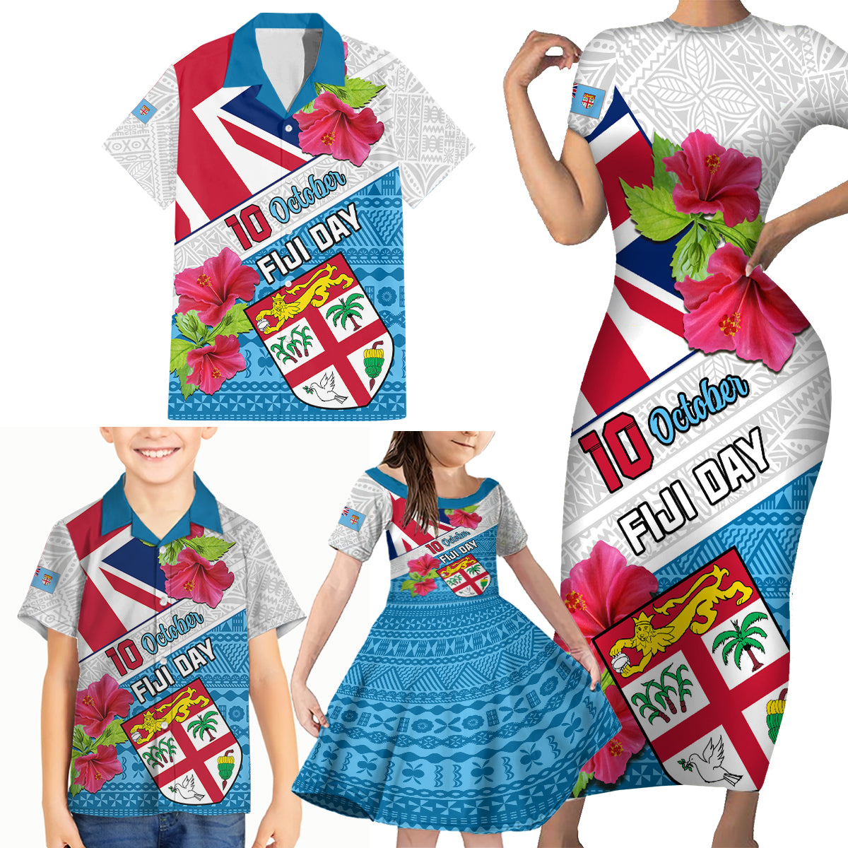 Fiji Day Family Matching Short Sleeve Bodycon Dress and Hawaiian Shirt Fijian Hibiscus Special Version LT01 - Polynesian Pride