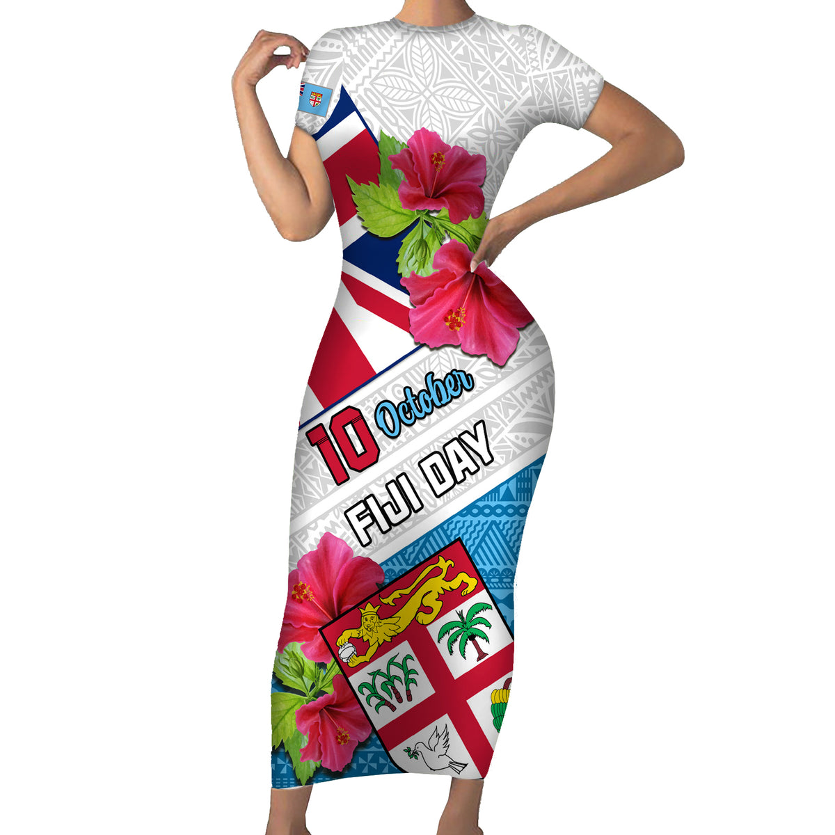 Fiji Day Short Sleeve Bodycon Dress Fijian Hibiscus Special Version LT01 Long Dress White - Polynesian Pride