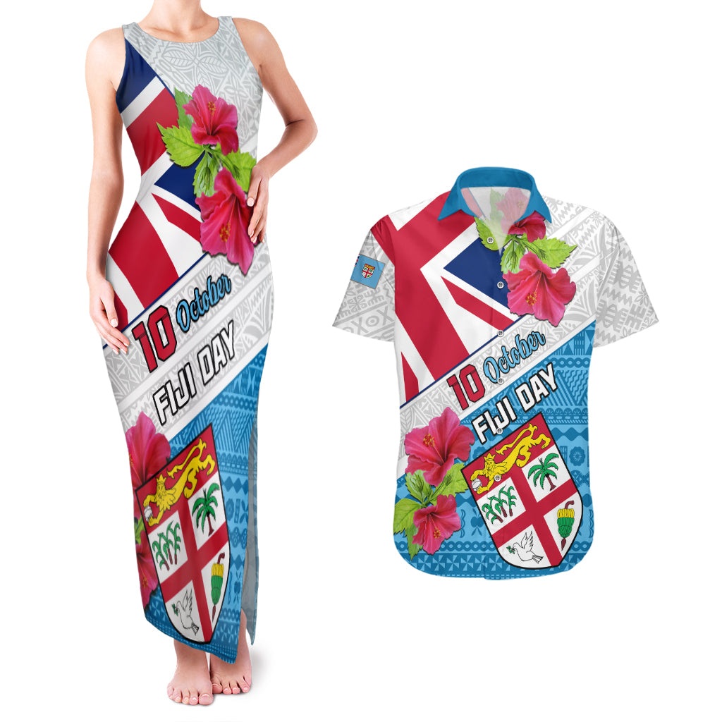 Personalised Fiji Day Couples Matching Tank Maxi Dress and Hawaiian Shirt Fijian Hibiscus Special Version LT01 White - Polynesian Pride