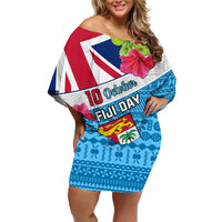 Personalised Fiji Day Family Matching Off Shoulder Short Dress and Hawaiian Shirt Fijian Hibiscus Special Version LT01 Mom's Dress White - Polynesian Pride