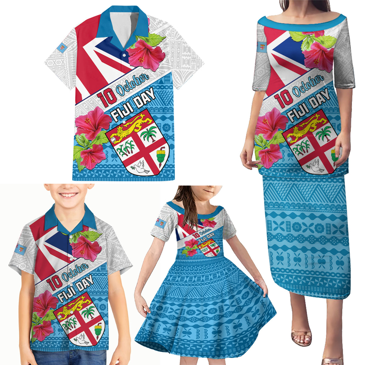 Personalised Fiji Day Family Matching Puletasi Dress and Hawaiian Shirt Fijian Hibiscus Special Version LT01 - Polynesian Pride