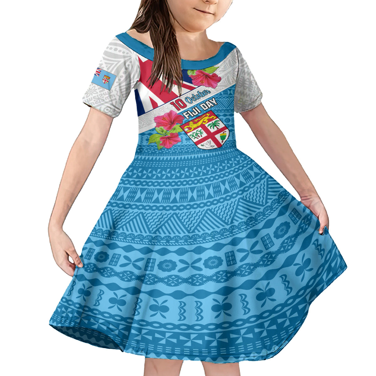 Personalised Fiji Day Kid Short Sleeve Dress Fijian Hibiscus Special Version LT01 KID White - Polynesian Pride
